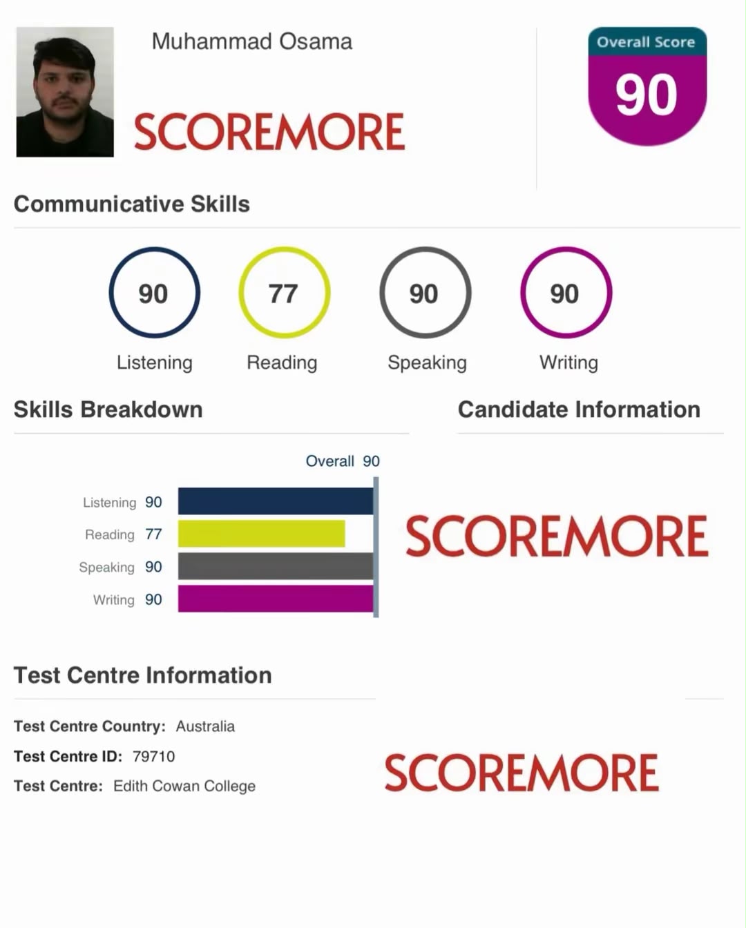Muhammad Osama — PTE Core result screenshot
